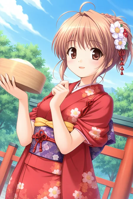 masterpiece, best quality, absurdres, official art, official style, rating general BREAK <lora:yuukiharuna_IL_v1-1:0.7>, yuuki haruna, 1girl, solo, brown eyes, brown hair, ahoge, hair intakes, medium breasts, hair up, braid, short hair, short ponytail, hair flower, japanese clothes, red kimono, furisode, floral print, obi, obijime, obiage, sash, sleeves pushed up, tasuki, tying, holding food, mochi, :d, smile, parted lips, blush, open mouth, looking at viewer, dutch angle, new year, outdoors, shrine, day, blue sky, cloud, tree, mallet