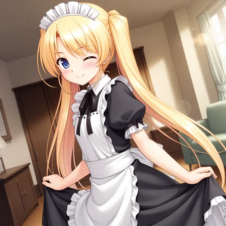 <lora:Licia_de_novus_Yurii_1_nai-000038:1>,Licia de novus Yurii,twintails,
maid,maid headdress,white apron,puffy short sleeves,neck ribbon,black ribbon,white collar,black dress,frilled sleeves,
BREAK
1girl,solo,one eye closed,looking at viewer,indoors,skirt lift,smile,blush,living room,lens_flare,dutch angle,from side,depth of field,