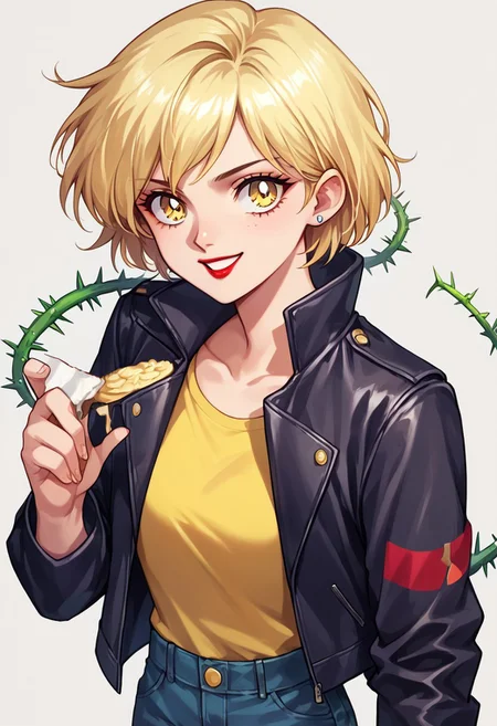 (masterpiece), best quality, a 40-year-old woman with short blonde hair red lipstick and yellow eyes, she wears a cream yellow shirt with a black leather jacket with thorns jean pants and leather gloves, smiling, score_9, score_8_up, score_7_up, source_anime, score_9, score_8_up, score_7_up, sm90s