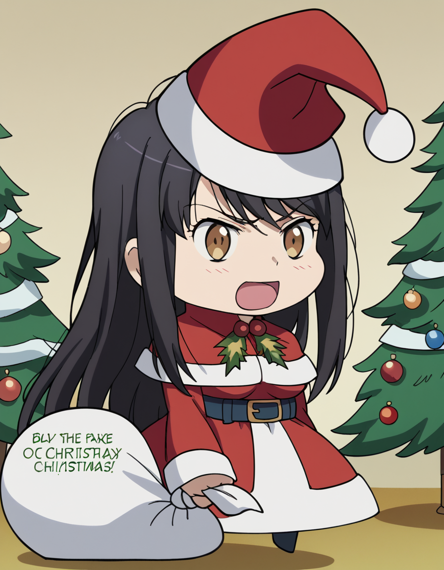score_9, score_8_up, score_7_up, source_anime, <lora:yuki-kaizuka-s1-ponyxl-lora-nochekaiser:1>, yuki kaizuka, long hair, black hair, brown eyes, medium breasts, anime screencap,, <lora:padoru-ponyxl-lora-nochekaiser:1>, padoru, padoru (meme), holding sack, sack, santa hat, meme, christmas, open mouth, chibi, red capelet, santa dress, capelet, fur-trimmed headwear,, , dutch angle, cowboy shot