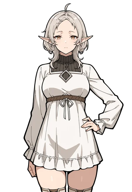 masterpiece, best quality,
1girl, solo,
standing, hand on own hip,
looking at viewer,
<lora:Sylphiette:1> S1lph13tt34d0lt, elf, pointy ears, medium hair, ahoge, grey hair, brown eyes, mature female,
dress, long sleeves, thighhighs,
white background, simple background,