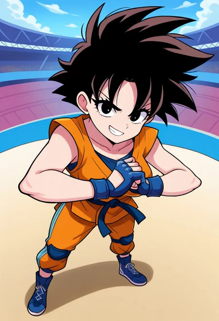 masterpiece, best quality, amazing quality, very aesthetic, absurdres, anivrec, ((solo focus:1.2)), ((1girl)), light skin, black eyes, short hair, black hair, spiked hair, blue dougi, blue footwear, orange dougi, medium breasts, perfectly round breasts, looking at viewer, confident smile, cracking knuckles, standing, ((outdoors)), ((tournament arena backdrop))
