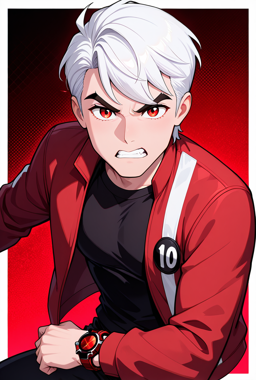 <lora:benuaf-08:1> benuaf, short hair, 1boy, white hair, pure white hair, red theme, red jacket, open jacket, black shirt, long sleeves, thick eyebrows, black pants, red eyes, red watch,  dark red background, showing off red watch, angry, clenched teeth, red watch, showing watch, looking at viewer, arm forward, wide chin,, masterpiece, best quality, amazing quality, very aesthetic, absurdres, newest,, upper body, halftone effect, white borders, abstract background:1.2,