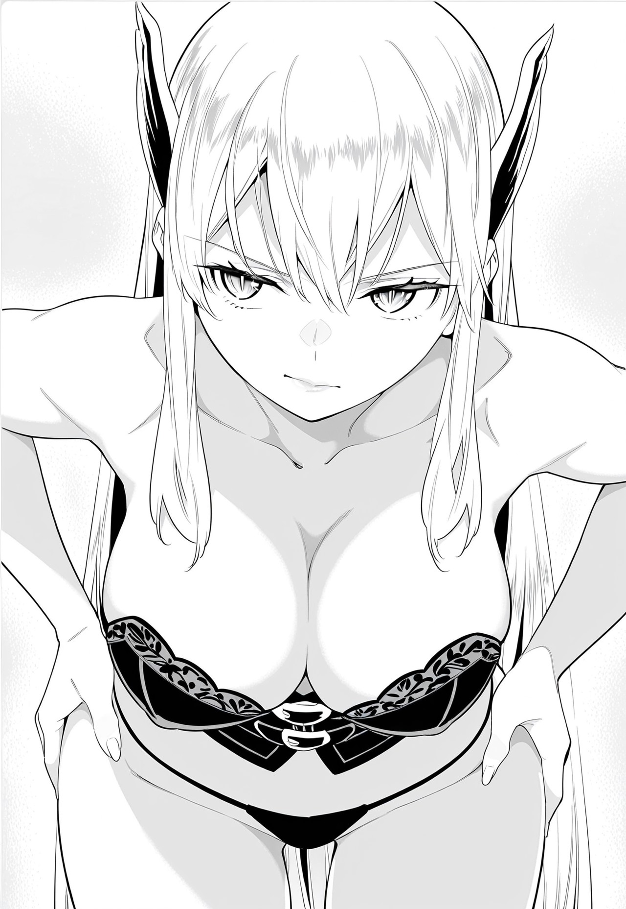monochrome, 1girl, solo, kyouka uzen, long straight hair, side bangs, sharp eyes, large breasts, wide hips, strappy black corset, black thong, seductive pose, standing, leaning forward, hands on thighs, sultry expression, teasing stare, looking slightly upward, curves emphasized, lingerie