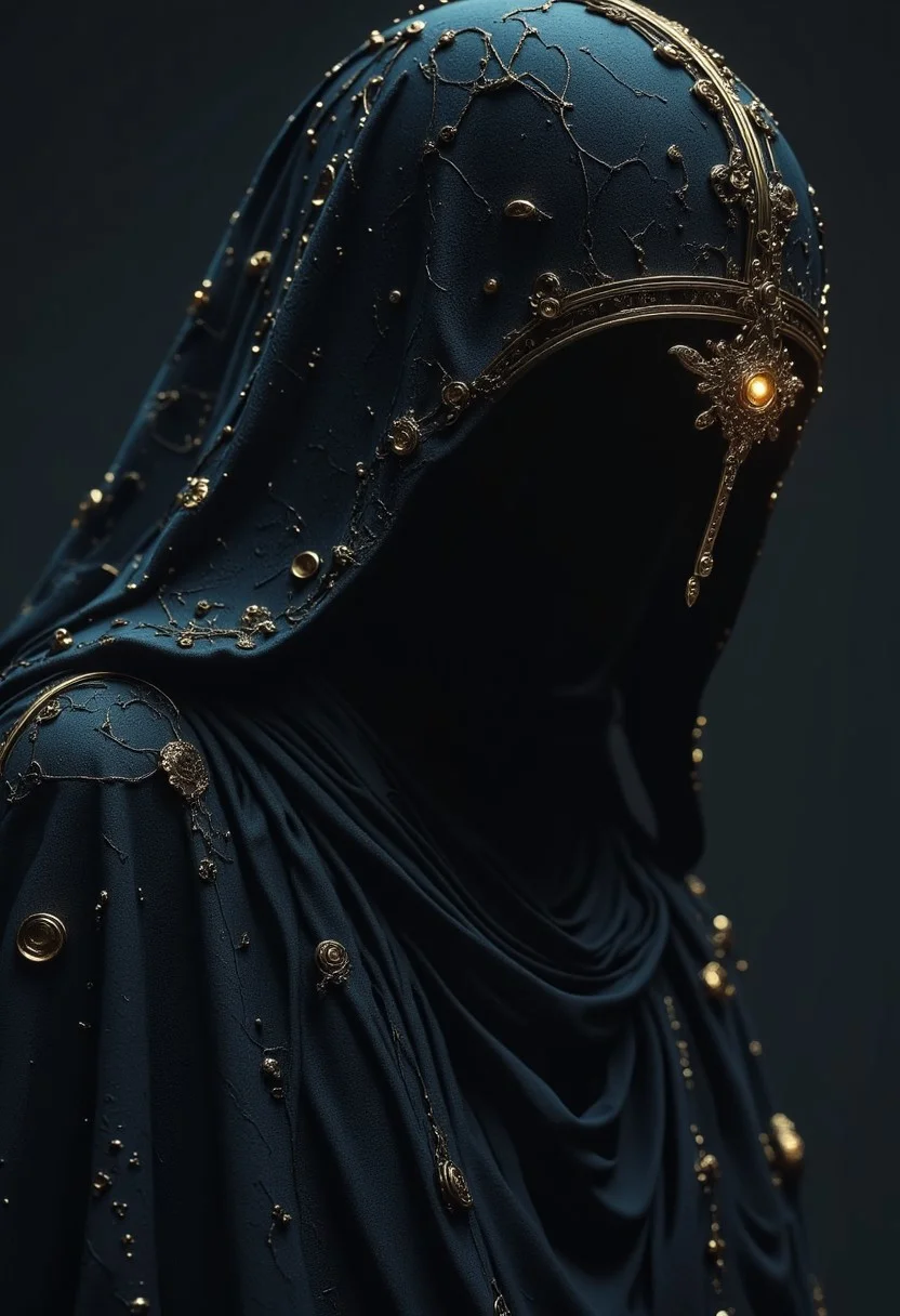 The dim lighting enhances the mystique, as soft, cold illumination catches on the shimmering filaments of her dress, making her appear like a spectral being caught between the realms of ancient rituals and high-tech evolution.