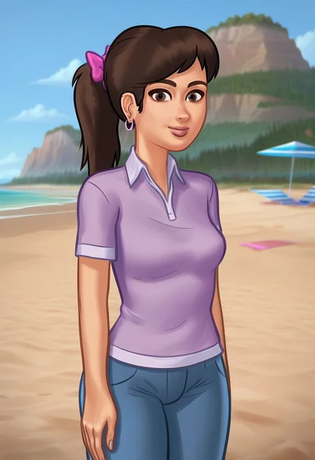 score_9, score_8_up, score_7_up, score_6_up, score_5_up, score_4_up, ((low depth of field)), <lora:SummertimeSagaXL_Pony:0.4>, (Drawn in the style of summertime saga), (beautiful landscape),
BREAK
<lora:stsMia-10e:0.7>, stsmia standing on beach, 1girl, small breasts, brown eyes, brown hair, ponytail, hoop earrings, pink bow, collared shirt, purple shirt, short sleeves, jeans, looking at viewer