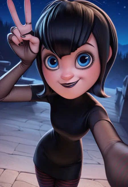 score_9, score_8_up, score_7_up, 1girl, solo, HTm4vis, black hair, short hair, blue eyes, black lips, black dress, bridal gauntlets, striped pantyhose, looking at viewer, smile, selfie, v, cowboy shot, outdoors, night