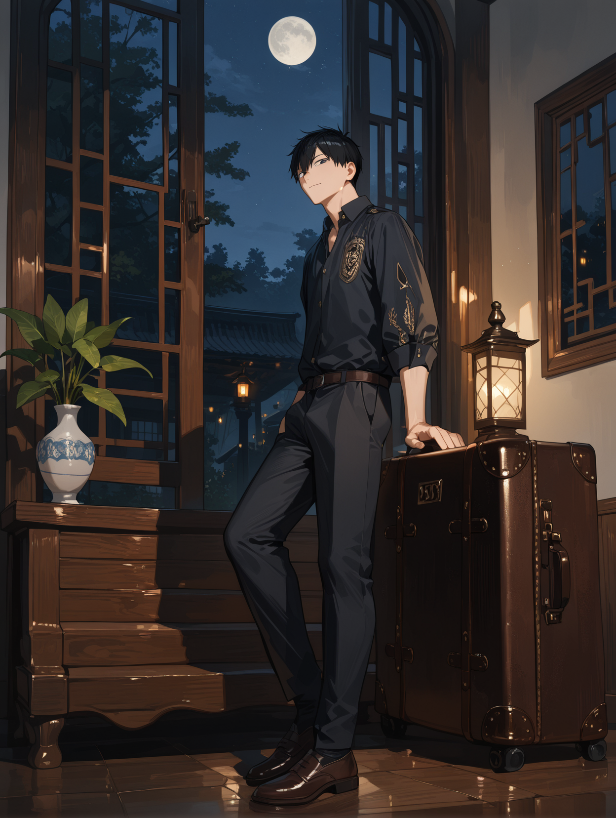 KageyamaTobioCYQL,<lora:KageyamaTobioCYQL:1>,1boy,male focus,solo,black hair,black eyes,Knit blazer, Button-down shirt, Tailored trousers, Loafers, Leather briefcase, Patterned silk pocket square,smile,looking_up,
BREAK
architecture,eastasianarchitecture,scenery,night,moon,table,window,lattice,plant,fullmoon,sky,chair,lantern,nightsky,building,indoors,tree,lamp,moonlight,roundwindow,pottedplant,reflection,woodenfloor,vase,stairs,,
BREAK
<lora:spo_sdxl_10ep_4k-data_lora_webui:0.5>,<lora:illustrious_all_rated_v1:0.6>,<lora:748cmSDXL:0.8>,748cmstyle,<lora:DarkerThanBlackIllustrious:0.5>,<lora:EtherSDXL:0.5>,EtherStyle,
perfect quality,high quality,masterpiece,best quality,amazing quality,very aesthetic,absurdres,newest,