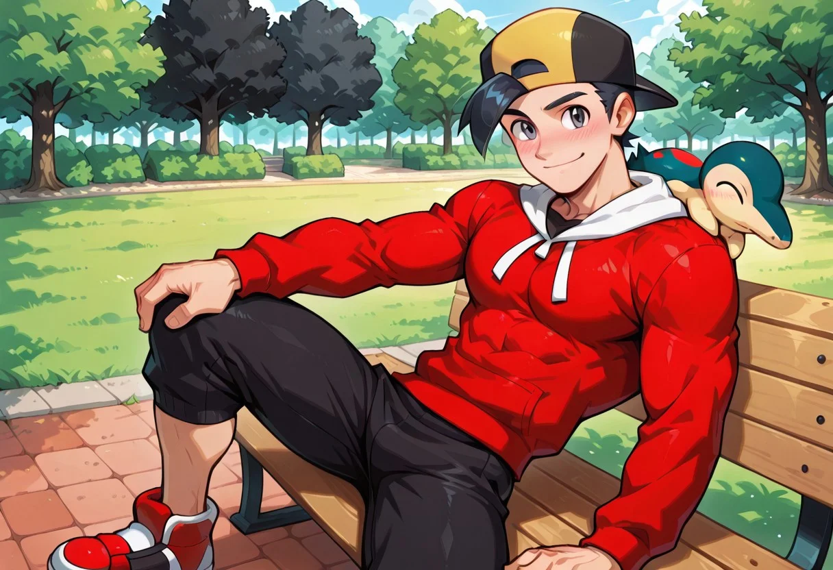 masterpiece, 1boy, solo, muscular twink, handsome, cute face, mature, male focus, broad shoulders, slim waist, handsome face focus, big biceps, big pectorals, sideview,
ethan, black hair, grey eyes,
black with yellow baseball cap, backwards cap, red hoodie, black shirt, abs, black capri pants, red with white shoes,
sitting on bench, legs spread, smile, blushing, park, outdoors, dynamic pose, nature, cyndaquill, pokemon (creature), pokemon on shoulder, source_anime, hands on knees,