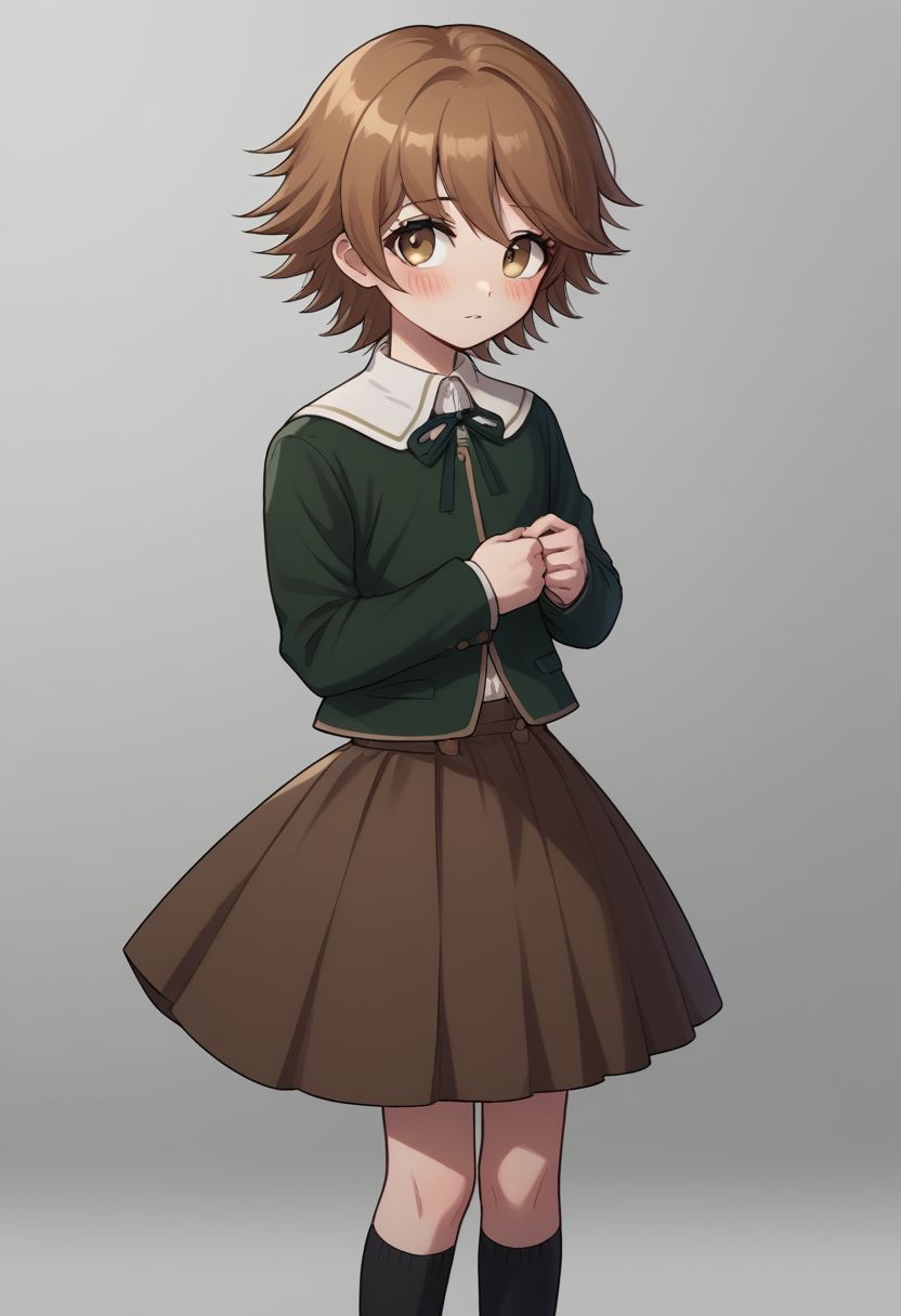 score_9, score_8_up, source_anime, highly detailed, 1boy, solo,
chihiro, skirt, 1boy, solo, male focus, brown hair, socks, bangs, brown skirt, brown eyes,
kneehighs, jacket, shirt, blush, black socks, long sleeves, crossdressing,
indoor, hall,