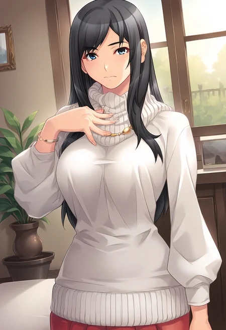 score_9, score_8_up, score_7_up, score_6_up, score_5_up, score_4_up, masterpiece, source_anime, 1girl, c nanami, long hair, large breasts, black hair, blue eyes, white turtleneck sweater, puffy long sleeves, red miniskirt, untucked shirt, jewelry, indoors, looking at viewer, hand up, dutch angle,<lora:Nanami_HondaVer3_PONY_c:1>