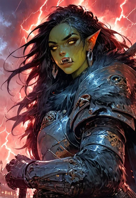 score_9, score_8_up, score_7_up, score_6_up, score_5_up, score_4_up,<lora:Fant5yP0ny:0.8>,cowboy shot, 1girl, (0rc woman), (green skin:1.3), evil paladin, (menacing woman), tall, yellow eyes, black hair, long hair, heavily armored, black breastplate, large pauldrons, chainmail, armored skirt, black metal belt, metal gauntlets, heavy armor, black fur cloak:1.3, black fur collar:1.6, weapon, solo, looking at viewer, power armor, heavy rain, red lightning aura around body, storm in background, town in background, earrings, fangs, beautifully backlit, depth of field:1.5, (indirect lighting:1.3), (high contrast shadows), (dramatic shadows across face:1.4), cinematic lighting, very muscular, plate armor, fangs, female orc, orc, red fractal clouds and lightnings