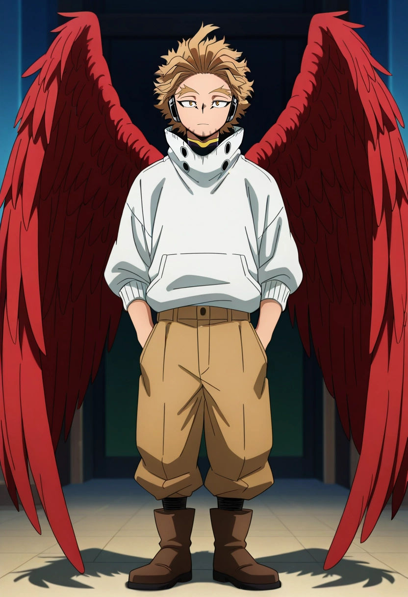 masterpiece, best quality, , anime screencap, , official style, looking at viewer, 1boy, solo, male focus, <lora:keigo_takami_ilxl:0.92>, keigo_takami, hawks \(boku no hero academia\), blonde hair, yellow eyes, short hair, facial hair, stubble, wings, feathered wings, red wings, , Linen trousers, Sweater, Chukka boots, Pith helmet,