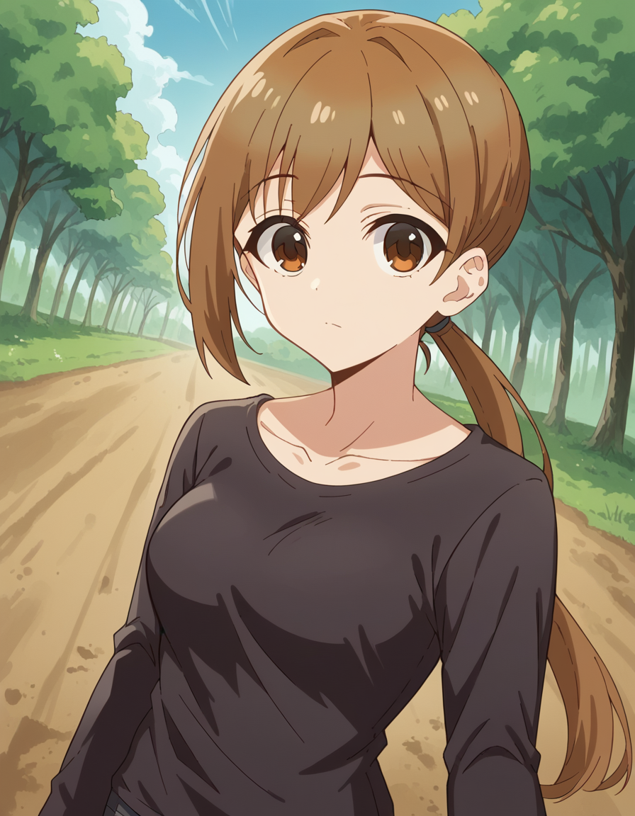 score_9, score_8_up, score_7_up, source_anime, <lora:shikanoko-ukai-s1-ponyxl-lora-nochekaiser:1>, ukai, bangs, brown hair, brown eyes, ponytail, medium breasts,, shirt, black shirt, long sleeves, collarbone, pants,, bike ride, countryside, dirt road, trees, afternoon sun, peaceful, alone, , looking at viewer, undefined, solo,, cowboy shot, dutch angle
