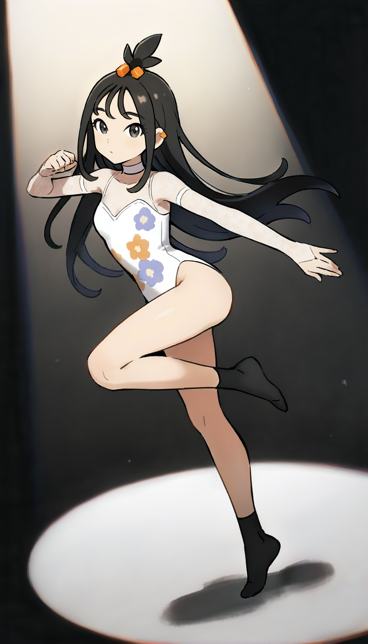 masterpiece,best quality,amazing quality,
<lora:lidaIL:1>,
1ida,
black hair,long hair,tied-up bangs,orange hair ornament,grey eyes,
orange earrings,white choker,
white sheer leotard with floral print,sleeveless,
black ankle socks,no shoes,
dancing,standing on one leg,
black background,
spotlight,
depth of field,