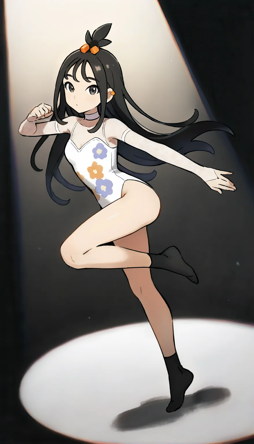 masterpiece,best quality,amazing quality,
<lora:lidaIL:1>,
1ida,
black hair,long hair,tied-up bangs,orange hair ornament,grey eyes,
orange earrings,white choker,
white sheer leotard with floral print,sleeveless,
black ankle socks,no shoes,
dancing,standing on one leg,
black background,
spotlight,
depth of field,
