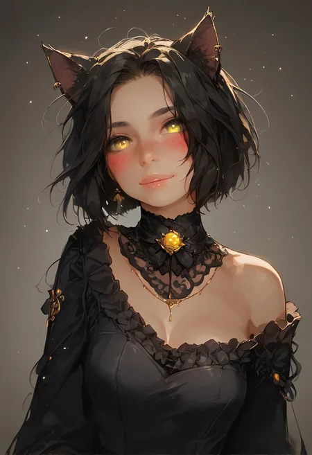 score_9, score_8_up, score_7_up, score_6_up, score_5_up, score_4_up, score_9, score_8_up, score_7_up, (best quality, masterpiece, colorful, highest detailed),, fashion photography of cute (beautiful cat girl), (solo, 1girl), (((young adult))), (yellow expressive eyes), (black hairs, short hairs, messy hairs), ((black cat ears, black cat tail)), in high detailed textured (((simple black dress:1.5))), (ultra-detailed body), (intricate details), (dynamic angle), ((( blushing))), ((take place in a European medieval town:1.5)), smiling g0thicPXL, glowing, neon, Expressiveh,