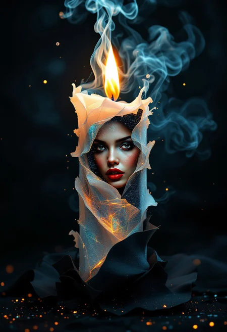 double exposure, fairy tale fantasy, large burning candle with woman porcelain skin inside candle, red lipstick, large black paper, 3d, smoke, realism, hyper-detailed, sharp focus, professional photoshoot, chiaroscuro lighting, intricate details
