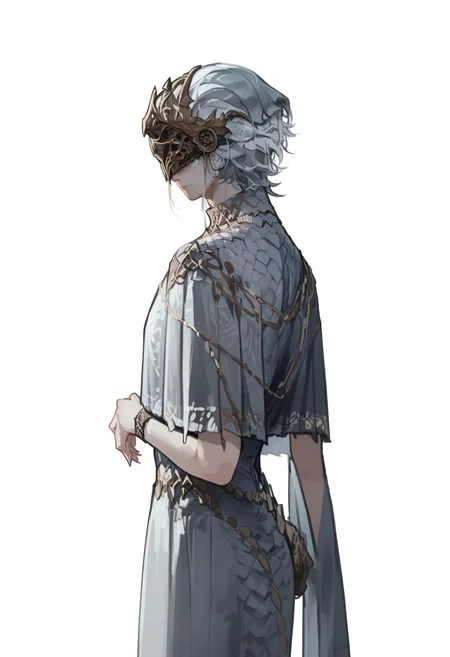 score_9, score_8_up, score_7_up, score_6_up, score_5_up, score_4_up,
<lora:EldenRingV1.1:1> 3ld3n,
snake, dress, grey dress, solo, simple background, helmet, white background, (genderswap), (mtf), standing, covered eyes, own hands together, 1boy, grey hair, closed mouth