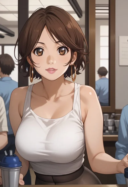 score_9, score_8_up, score_7_up, Expressiveh, detailed face, perfect face, detailed eyes, earrings:1, large breasts:1, (sales:1)
tsubaki sawabe, short hair, bangs, brown hair, brown eyes, (standing:1.5), depth of field, sidelighting, shiny, shadow, bloom, (working:1.5), makeup, (large hoop earrings:1.5), japsale, large breasts, (cafe:1), thighs, black pantyhose, indoors,
Pink lipstick:1.5,
curvy, large breasts, thighs.