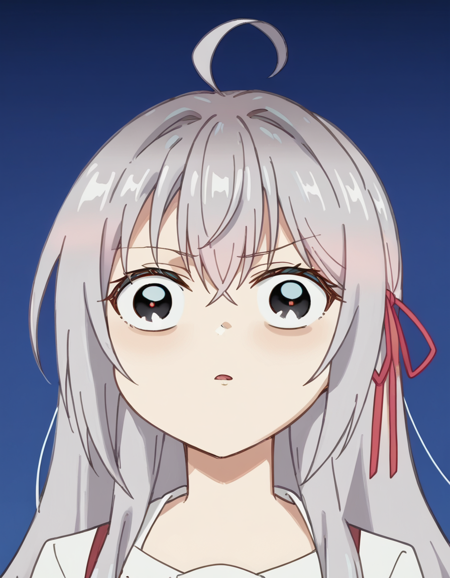 score_9, score_8_up, score_7_up, source_anime, <lora:alisa-mikhailovna-kujou-s1-ponyxl-lora-nochekaiser:1>, alisa mikhailovna kujou, long hair, bangs, hair ribbon, ahoge, grey hair, red ribbon, large breasts,  anime screencap, <lora:terrified-noot-noot-ponyxl-lora-nochekaiser:1>, terrified noot noot, looking at viewer, blue background, gradient background, black eyes, gradient, straight-on,, ,