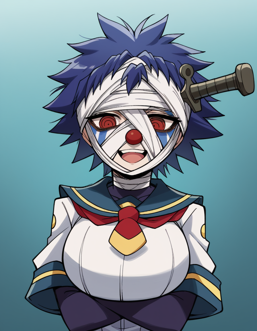 score_9, score_8_up, score_7_up, source_anime, <lora:youka-naze-s2-ponyxl-lora-nochekaiser:1>, youka naze, short hair, large breasts, red eyes, blue hair, bandages, bandage over one eye, <lora:clown-ponyxl-lora-nochekaiser:1>, clown, makeup, clown nose, facepaint, gloves, long sleeves, frills, dress,, smile, open mouth, smug, , dutch angle, cowboy shot