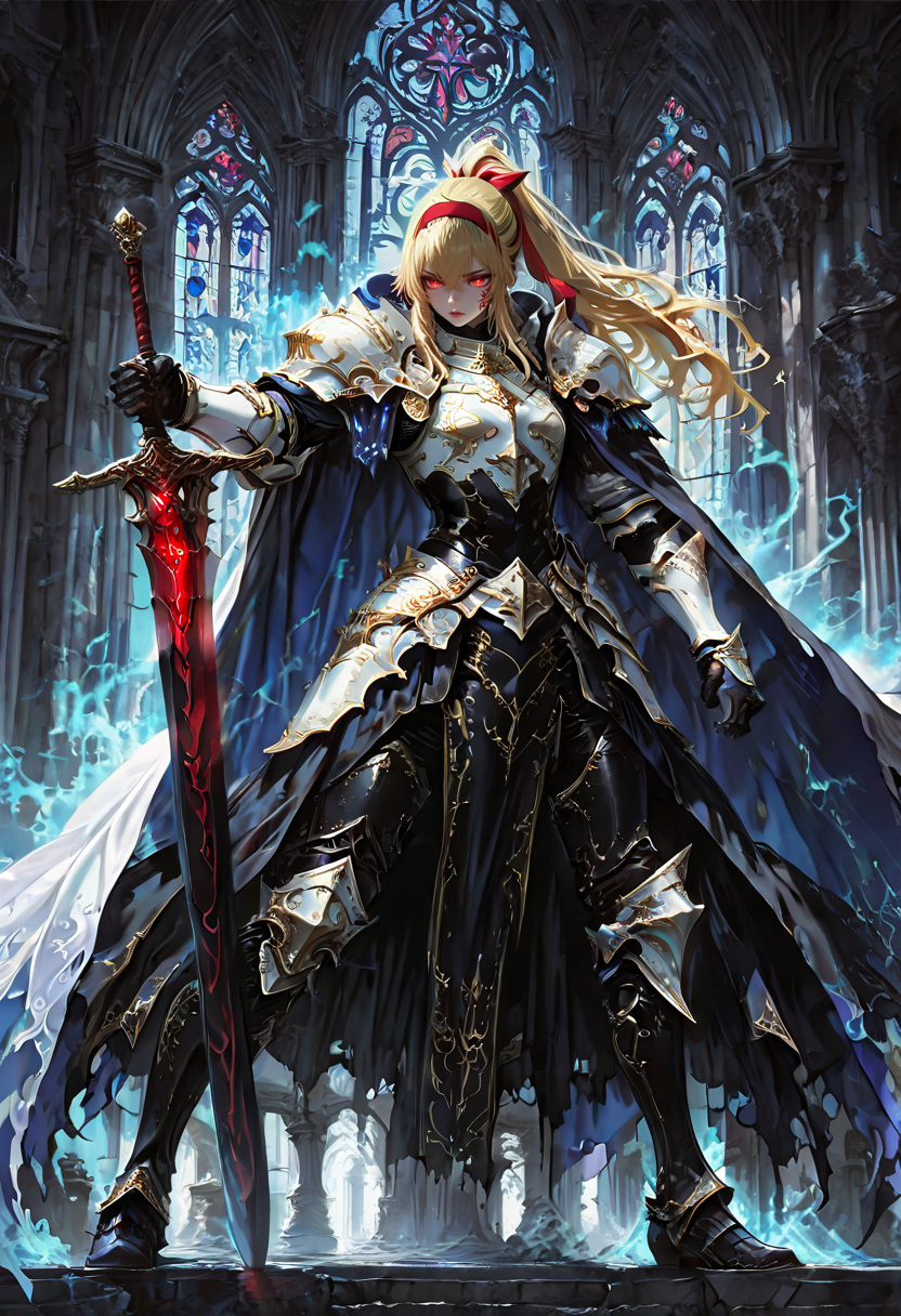 <lora:kaelaIL:0.55> kaelaIL, long hair, red eyes, (yellow hair:1.5), glowing eyes, red headband, greatsword,
white armor, ponytail, black dress, white sleeves, red ribbon, black gloves, black boots, holding sword, glowing sword, blue glow, gothic architecture, stained glass window, cathedral, dynamic pose, action, fantasy, detailed background, intricate design, dramatic lighting, high contrast, dark colors, light blue accents, intricate patterns, flowing dress, fantasy setting, intense expression, powerful stance, ethereal atmosphere, detailed textures, vibrant colors illustrious style, holding, glowing weapon, blue theme, weapon, goth fashion, architecture, solo, hair ribbon, sword, gloves, ribbon, glowing, holding weapon,
A female character in a fantasy setting. she is wearing a black and white outfit with a cape that is flowing in the wind. the character has long blonde hair and red eyes, and is holding a sword in her right hand. she appears to be flying through the air with a determined expression on her face. the background of the image is filled with intricate patterns and designs in shades of blue, purple, and pink. there are also several large, ornate structures that appear to be made up of triangles and crystals. the structures are arranged in a way that creates a sense of depth and dimension, and they are overlapping each other, creating an illusion of depth. the overall effect is one of power and strength.
<lora:hina_MixArmor_x215c:1> fantasy armor, holy armor, devil armor
