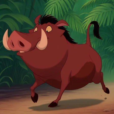 masterpiece, best quality, amazing quality, Pumbaalkil, feral, male, warthog, brownish-red fur, tusks, yellow sclera, black eyes, black hair, black tail tuft, hooves, running, in the jungle