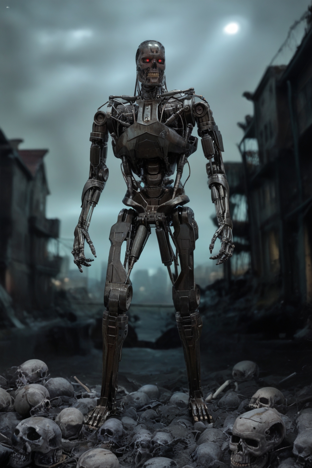 T800_Endo, Terminator robot, score_9, score_8_up, score_7_up, (source_IRL), masterpiece, high quality, highres RAW photo, ((full body shot))
a T800_Endo Terminator Robot with red eyes, <lora:T800_Endo_Terminator_Pony_v1:1>
(standing)
in a destroyed apocalyptic city, with skulls covering the ground, dark cloudy skies, Apocalyptic Landscape, destroyed city
dynamic lighting, highly detailed, intricate details, shadows, sunbeams, light rays