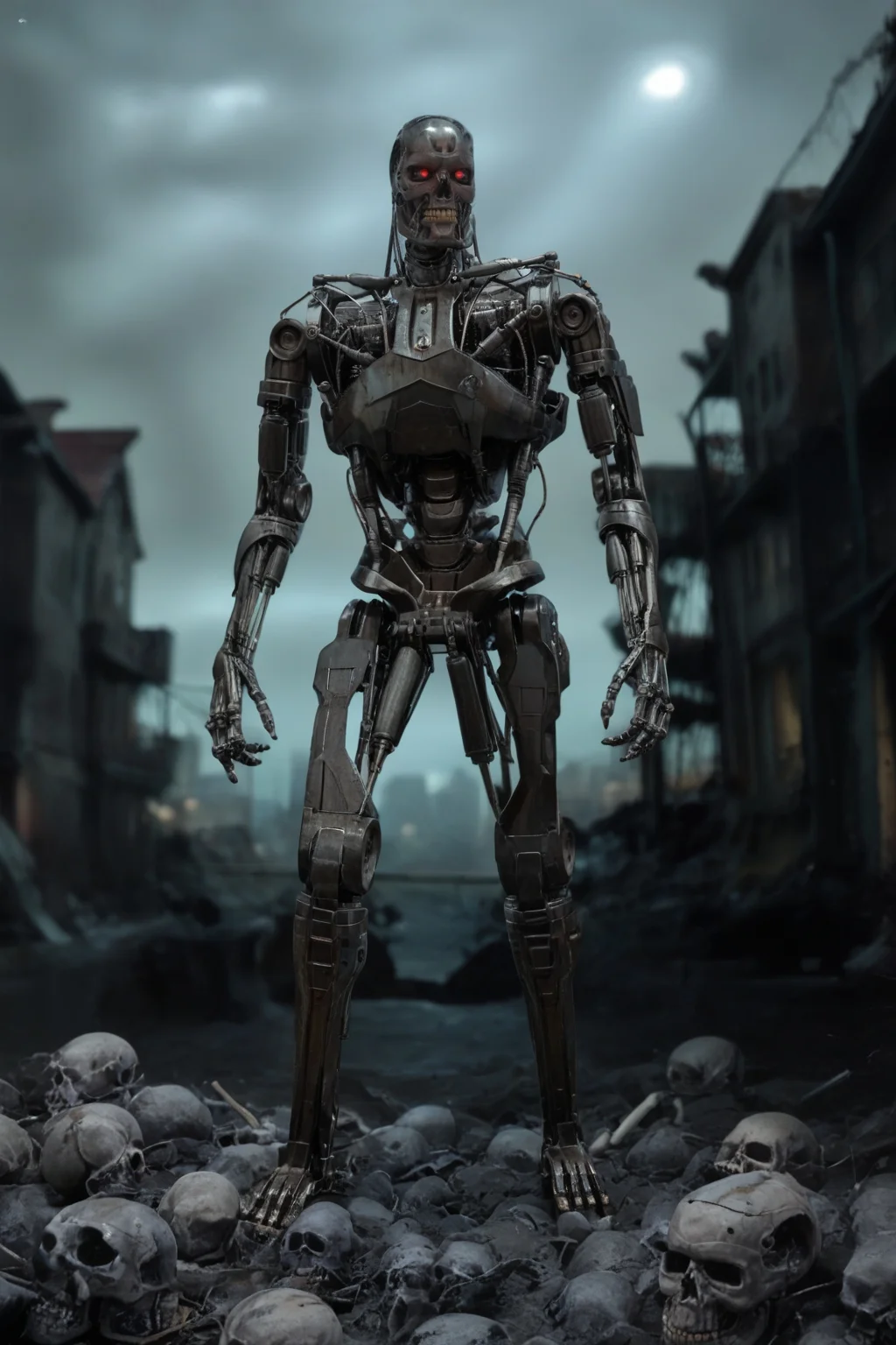T800_Endo, Terminator robot, score_9, score_8_up, score_7_up, (source_IRL), masterpiece, high quality, highres RAW photo, ((full body shot))
a T800_Endo Terminator Robot with red eyes, <lora:T800_Endo_Terminator_Pony_v1:1>
(standing)
in a destroyed apocalyptic city, with skulls covering the ground, dark cloudy skies, Apocalyptic Landscape, destroyed city
dynamic lighting, highly detailed, intricate details, shadows, sunbeams, light rays