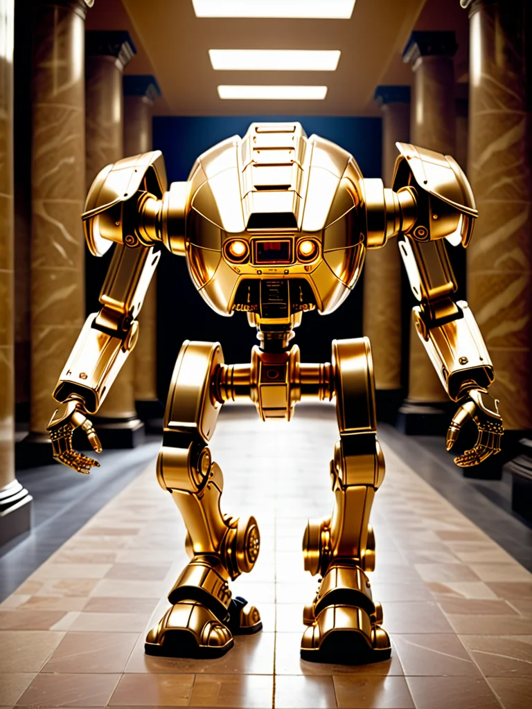 cinematic realism film scene still of a (parody:1.2) cinematic realism film scene still of a shiny golden nugget mecha walker looking right close-up . 35mm f1.8 Macro, chiaroscuro, shallow depth of field, vignette, Mise-en-scene, detailed, cinemascope, moody, (epic lighting:1.16), , breathtaking, volumetric lighting, S H true colours lit artwork perfectly coherent portrait imitating, Subsurface Scattering, Polished, Inspired by Bambula <lora:MechMaker_v1_e3:1>, backgpund (luxury satin opulent Louvre Versailles castle interior:1.2), roman columns, mirrors, persian carpets . 35mm f1.8 Macro, chiaroscuro, shallow depth of field, vignette, Mise-en-scene, detailed, cinemascope, moody, epic