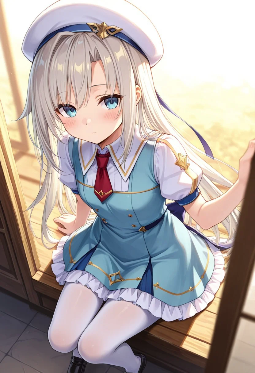 masterpiece, best quality, amazing quality, very aesthetic, high resolution, ultra-detailed, absurdres, newest, scenery,(depth of field:1.5),
(super fine illustration,professional quality,ultra high res), beautiful detailed eyes,
break
char \(sennen sensou aigis\)
1girl, solo,
erutorinde_asheberg,
white hair, long hair, asymmetrical bangs ,parted bangs, swept bangs,
blue eye,
hair ribbon,
erutorinde_un,
ariwara_uniform, light blue uniform,white sleeves, puffy short sleeves, ribbon trim, back bow,
red necktie frilled skirt, frilled,
white beret hat,hat ribbon, 
white pantyhose,black loafers,
expressionless, blush,
indoor, from above,