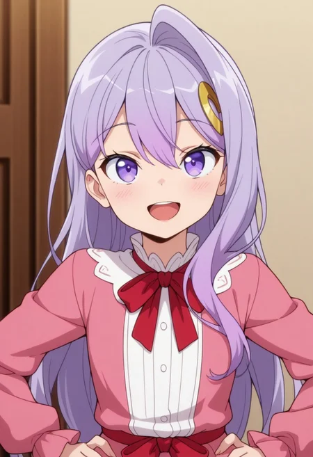 masterpiece,best quality,amazing quality,silk von santana, purple hair, long hair, purple eyes, 1girl, solo, hair ornament, smile, open mouth, looking at viewer, ribbon, upper body, hands on hips, :d