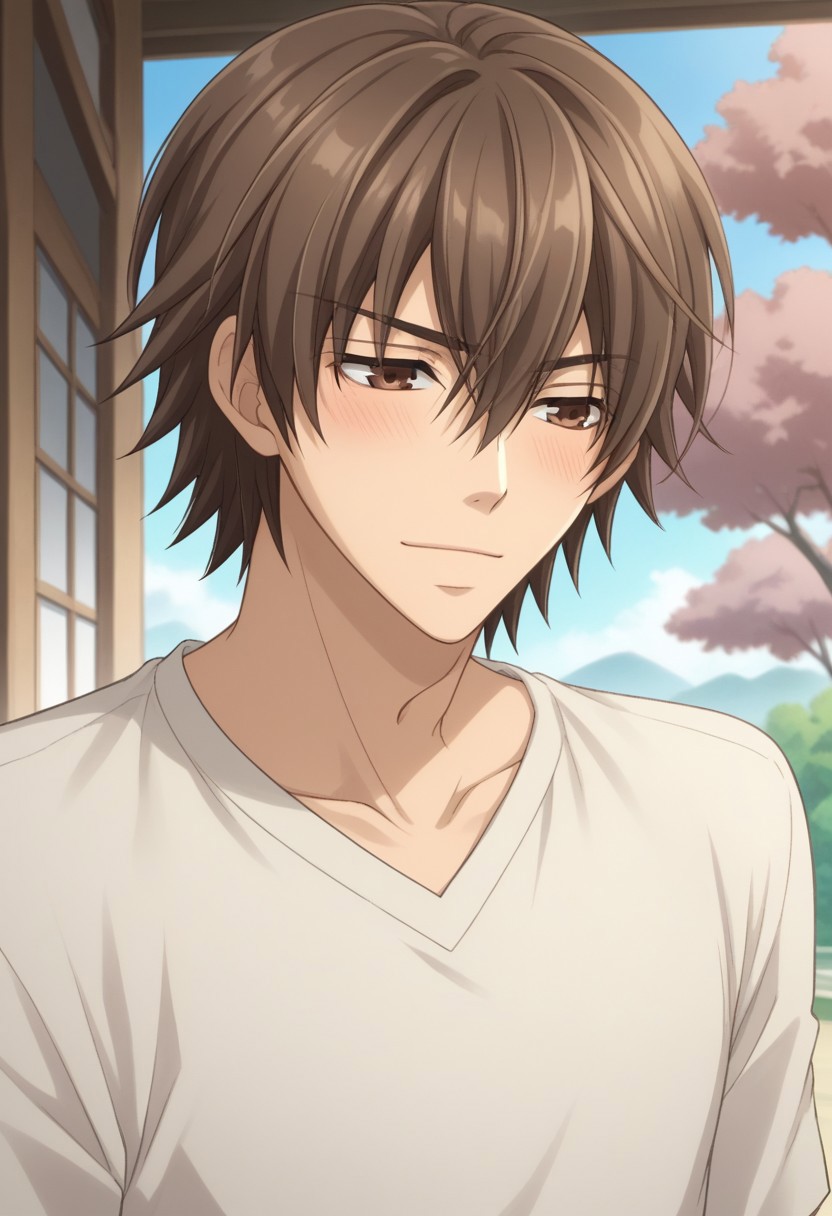 score_9, score_8_up, score_7_up, source_anime, highly detailed, 
hiroki, 1boy, male focus, solo, brown hair, blush, brown eyes, upper body, shirt,
white shirt, collarbone, indoors, closed mouth, hair between eyes, looking away, smile,
outdoor, sky, cherry tree, japan,