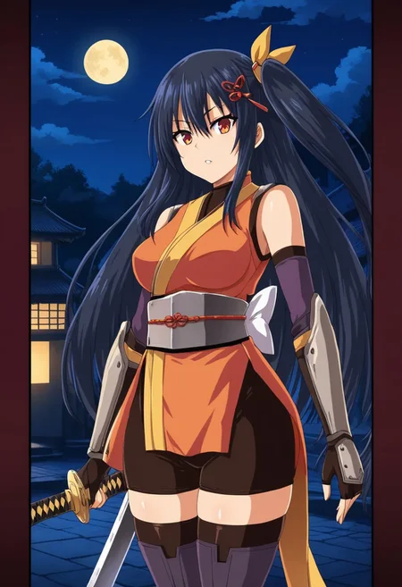 score_9, score_8_up, score_7_up, source_anime, anime screencap, 1girl, solo focus, nezumi komachi, black hair, long hair, red hair ornament, yellow hair ribbon, side ponytail, short kimono, orange ninja outfit, metal waist protector, black shorts, thighhighs, fingerless elbow gloves, gauntlets, katana, looking at viewer BREAK outdoors, feudal japan, town, dark background, night,