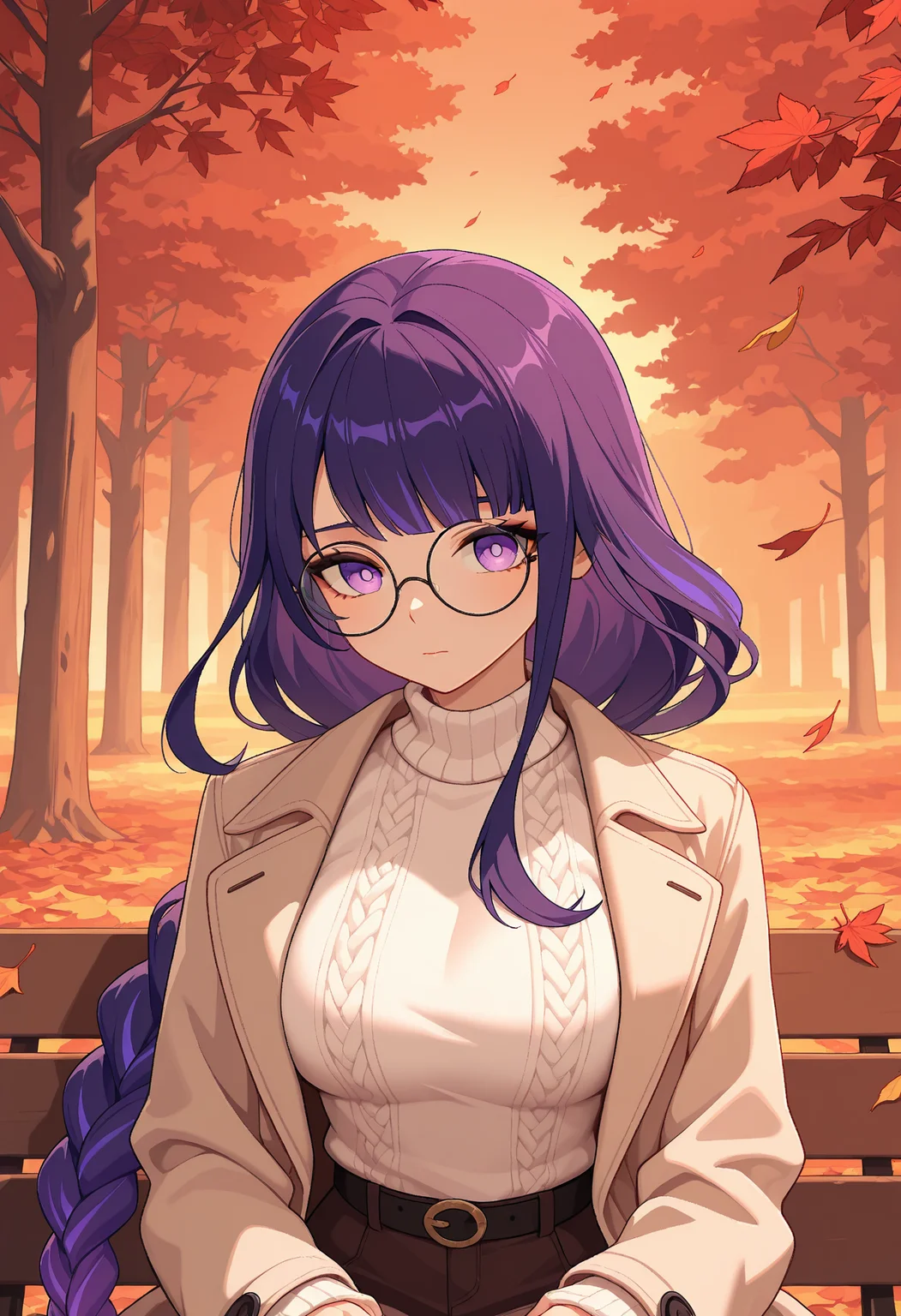 <lora:Lora\Western_anime_mix-000002:1>
masterpiece,best quality, amazing quality, solo, 1girl, cute girl, Shogun_Raiden_(Genshin_Impact), black-framed eyewear, white sweater, closed mouth, long hair, braid, long sleeves, looking at viewer, round eyewear, solo, sweater, upper body, Alternative costume, tenderness, beige coat, open coat, sitting, outdoors, autumn, red leaves falling, leaves, evening, evening atmosphere, anime artwork, western animation, rsr