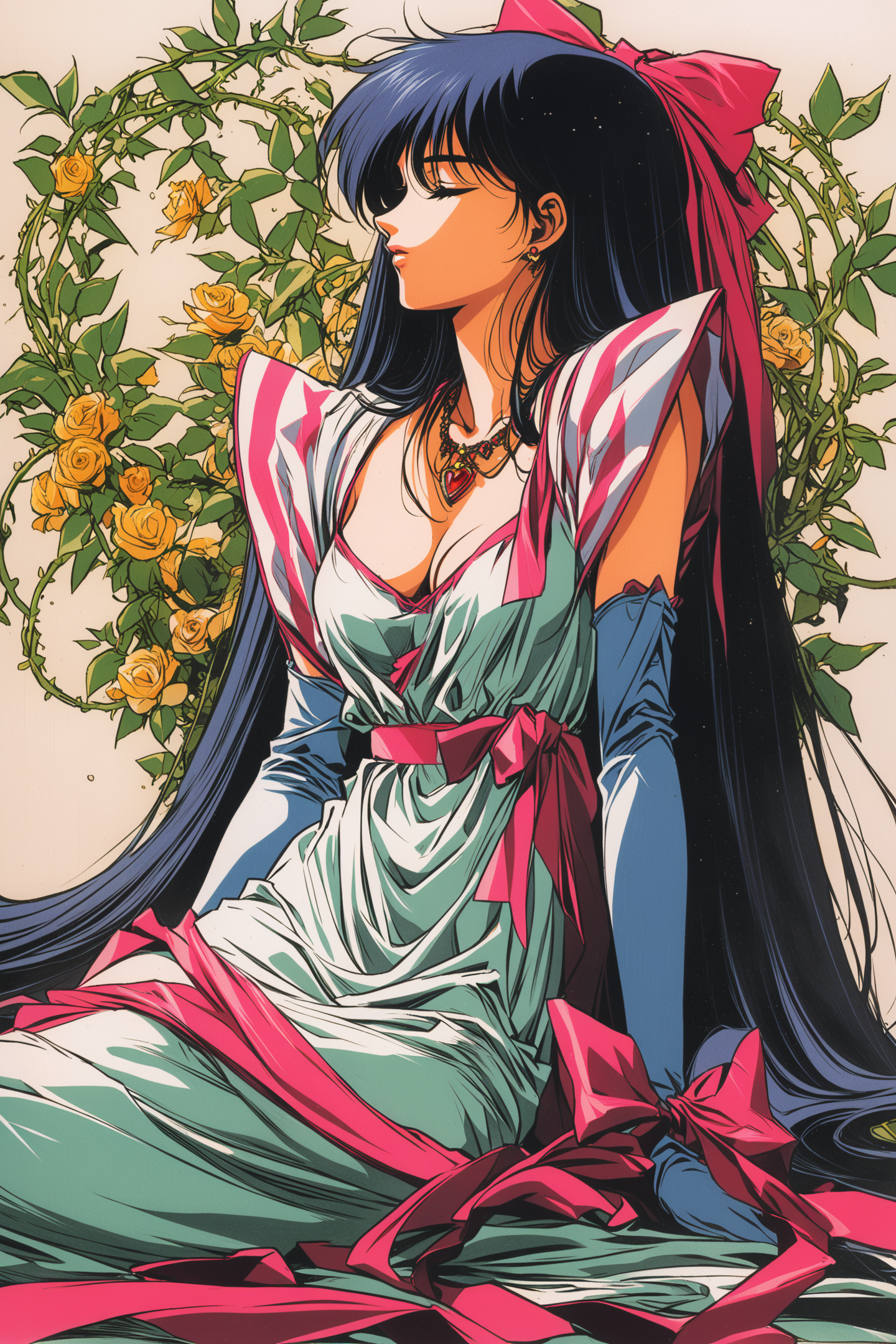 1girl,solo,long hair,flower,dress,rose,gloves,black hair,closed eyes,elbow gloves,jewelry,bow,ribbon,sitting,necklace,cleavage,pink bow,retro artstyle,breasts,white dress,1990s (style),hair bow,medium breasts,very long hair,vines,hair ribbon,traditional media,
<lora:yuuki nobuteru_XL:0.8>,