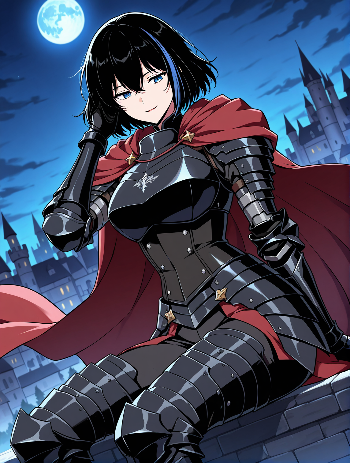 <lora:Cheon_Soyeon__The_Knight_King_Who_Returned_with_a_God__Illustrious:1>
1 girl, solo, black hair, short hair, loose hair, blue hair streak, multicolored hair, streaked hair, bangs, hair between eyes, blue eyes, large breasts
black armored boots, black armored armor, black corset, red cape, gauntlets, black gloves, black pants
zPDXL3, score_9_up, score_8_up, score_7_up, (Anime_source),Masterpiece,(perfect female body:1.2), small waist,(incredibly detailed:1.4), very aesthetic, source_anime, detailed, high quality, beautiful, masterpiece, detailed eyes, castle, village, blurry background, cityscape, night, blue moon, pose dynamic angle, light smile, open mouth, hand on hair, sitting