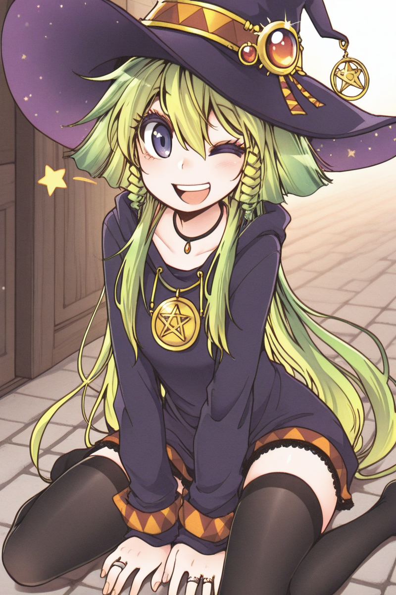 masterpiece, best quality, amazing quality,
 <lora:CrzNghbr_IL:1> crznghbr, thighhighs, green hair, hat, long hair, one eye closed, 1girl, smile, jewelry, open mouth, solo, witch hat, ring, black thighhighs, mnchr