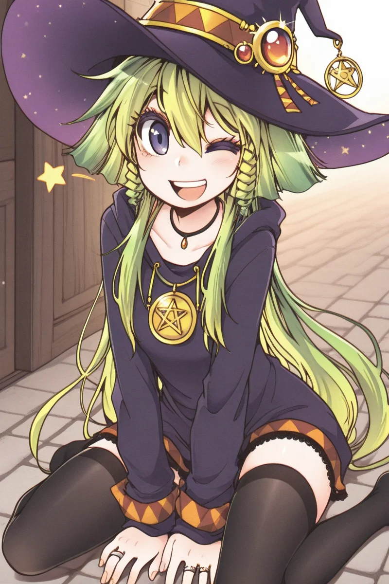 masterpiece, best quality, amazing quality,
<lora:CrzNghbr_IL:1> crznghbr, thighhighs, green hair, hat, long hair, one eye closed, 1girl, smile, jewelry, open mouth, solo, witch hat, ring, black thighhighs, mnchr