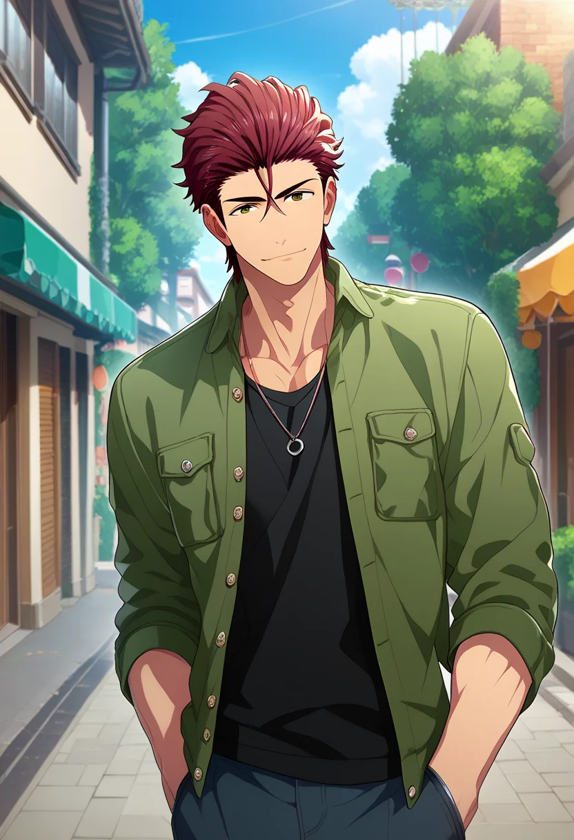 1boy, male focus,
<lora:Character - Kenka Bancho Otome - Houou Onigashima:1> houou, brown eyes, red hair, hair slicked back,
((zPDXL)), score_9_up, score_8_up, score_7_up, score_6_up, score_5_up, score_4_up, best quality, amazing quality, best aesthetic, absurdres, year2023, nsfw, game cg, official art, official style, uncensored,
<lora:Style - Ecstasy_Emperess:0.5> emper3ss, looking at viewer,
outdoors, street,
ring necklace, green jacket, black tanktop,