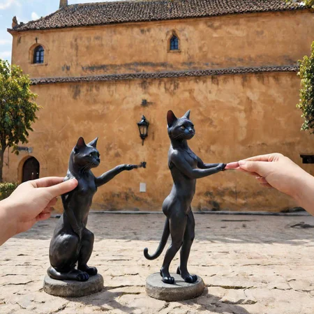 F-B-C, foreground: cat, background: statue, effect: the cat shakes the statue's hand