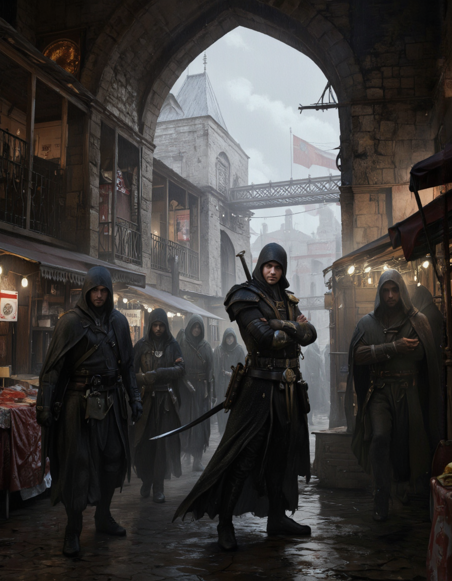 By Arthur Yuan.
A dramatic, dark fantasy scene featuring a bustling medieval market with figures in hooded cloaks walking through an archway. the scene is set in a rainy, medieval town with stone buildings, stalls, and a bridge in the background. on the right side of the image, a male figure stands with his arms crossed, wearing a hooded cloak and holding a sword, standing in the middle of the frame. he appears to be a young adult, with a serious expression, and is facing the viewer. in the foreground, a group of other figures, including men and women, are walking in a line, all dressed in dark hooded clothing. the atmosphere is dark and moody, with the rain pouring down on the ground and the cityscape in the distance.