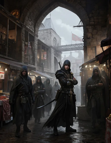By Arthur Yuan.
A dramatic, dark fantasy scene featuring a bustling medieval market with figures in hooded cloaks walking through an archway. the scene is set in a rainy, medieval town with stone buildings, stalls, and a bridge in the background. on the right side of the image, a male figure stands with his arms crossed, wearing a hooded cloak and holding a sword, standing in the middle of the frame. he appears to be a young adult, with a serious expression, and is facing the viewer. in the foreground, a group of other figures, including men and women, are walking in a line, all dressed in dark hooded clothing. the atmosphere is dark and moody, with the rain pouring down on the ground and the cityscape in the distance.