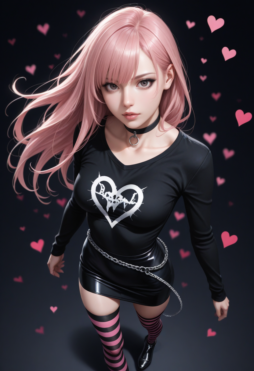 depth of field, focused subject, dynamic angle, dynamic pose, best quality, detailed eyes, perfect eyes, realistic eyes, long side bangs, (hazel:0.6) eyes, two tone black and pink hair, long hair, upturned nose, sharp nose, ((full lips)), (black eyeliner), skinny, thin hands, petite body, thin legs, narrow shoulders, narrow waist, emo girl, black choker, checkered stockings, striped stockings, stockings, waist chain, silver chain, gumshoes, small ass, medium breast, realistic breast, black sweatshirt, thigh dress, black ruffled skirt, BREAK, standing, hips slightly turned, side view, looking at viewer, movie perspective, dark background, abstract background, neon heart, ((broken heart background)), dynamic light, (close up)