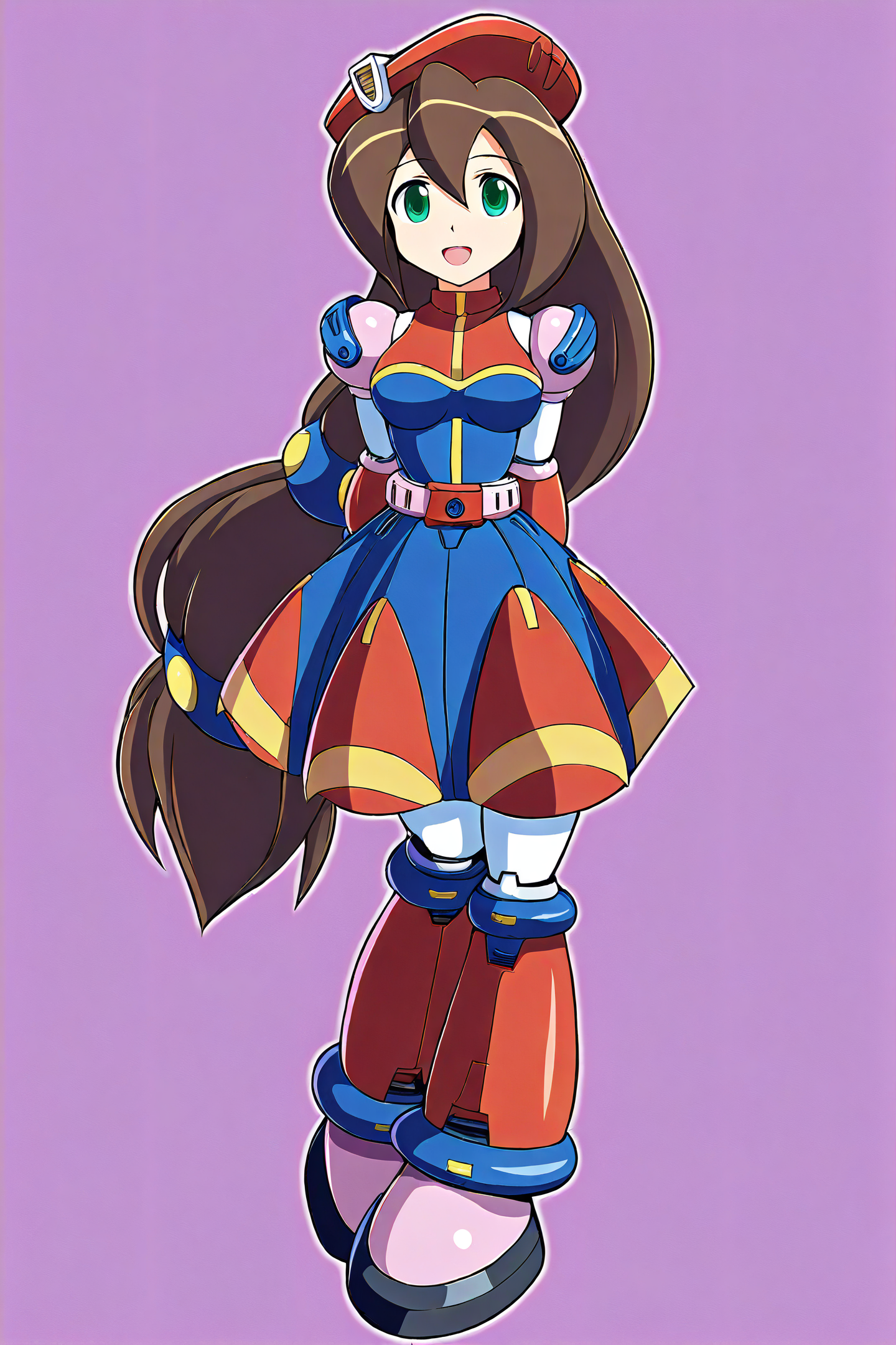 iris \(mega man\),1girl,beret,breasts,brown hair,long hair,solo,green eyes,android,low-tied long hair,red hat,smile,medium breasts,full body,open mouth,arms behind back,blue and red dress,looking at viewer,very long hair,hair between eyes,simple background,
<lora:iris_XL:0.8>,