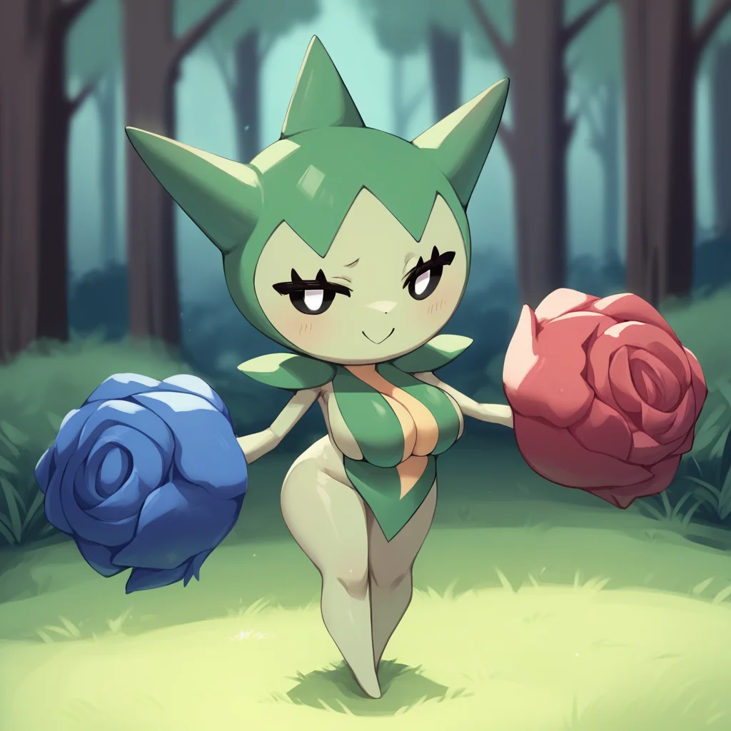 best quality, score_9, score_8_up, score_7_up, score_6_up, score_5_up, rating_sensitive, source_furry, BREAK,
<lora:Roselia_Pokemon-000010:1>, 1girl, roselia, pokemon\(creature\), green skin, black eyes, white pupils, flower hands, head spikes, bottomless, smile, short stack, breasts, full body, leaf cloth, cleavage, standing, BREAK,
(forest background, evening)