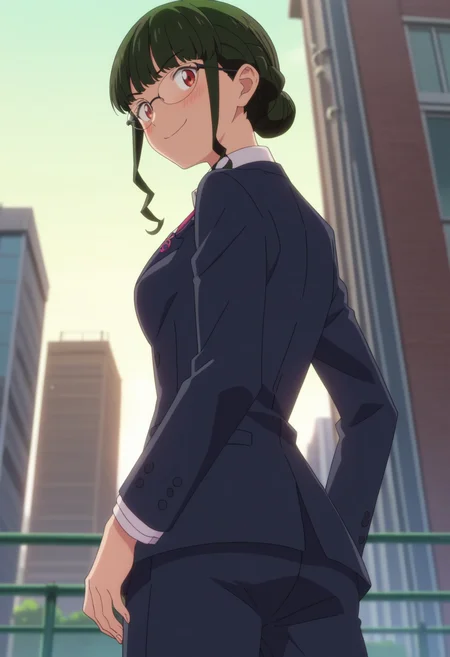 score_9, score_8_up, score_7_up, anime screencap, source_anime, 1girl, solo,
<lora:Anosillus_SSSS.Dynazenon_V2:.85>, KJOanosillus, green hair, red eyes, sidelocks, single hair bun, blunt bangs,
suit, pants, white collared shirt, glasses, shirt tucked in,
from behind, from below, looking back, smirk, blush, smug,
outside, bridge, city in background,
(Beautiful, medium Breasts:1.2), natural breasts,