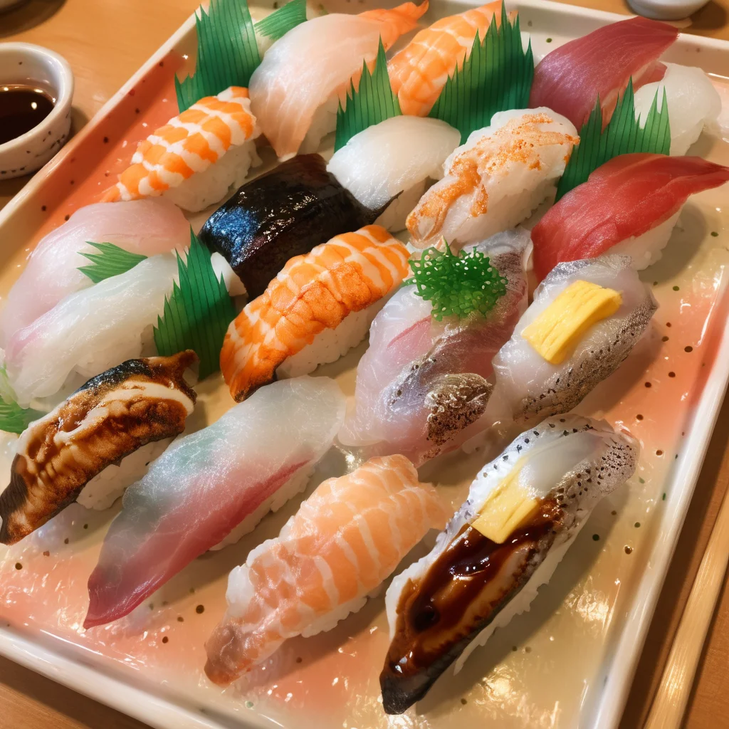 best quality, ultra-detailed,
nigiriL, sushi, food focus, food, still life, plate, realistic, photo background,
<lora:sushi_SDXL_V2:1>