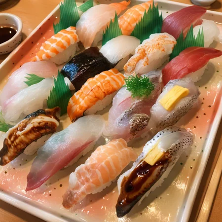 best quality, ultra-detailed,
nigiriL, sushi, food focus, food, still life, plate, realistic, photo background,
<lora:sushi_SDXL_V2:1>